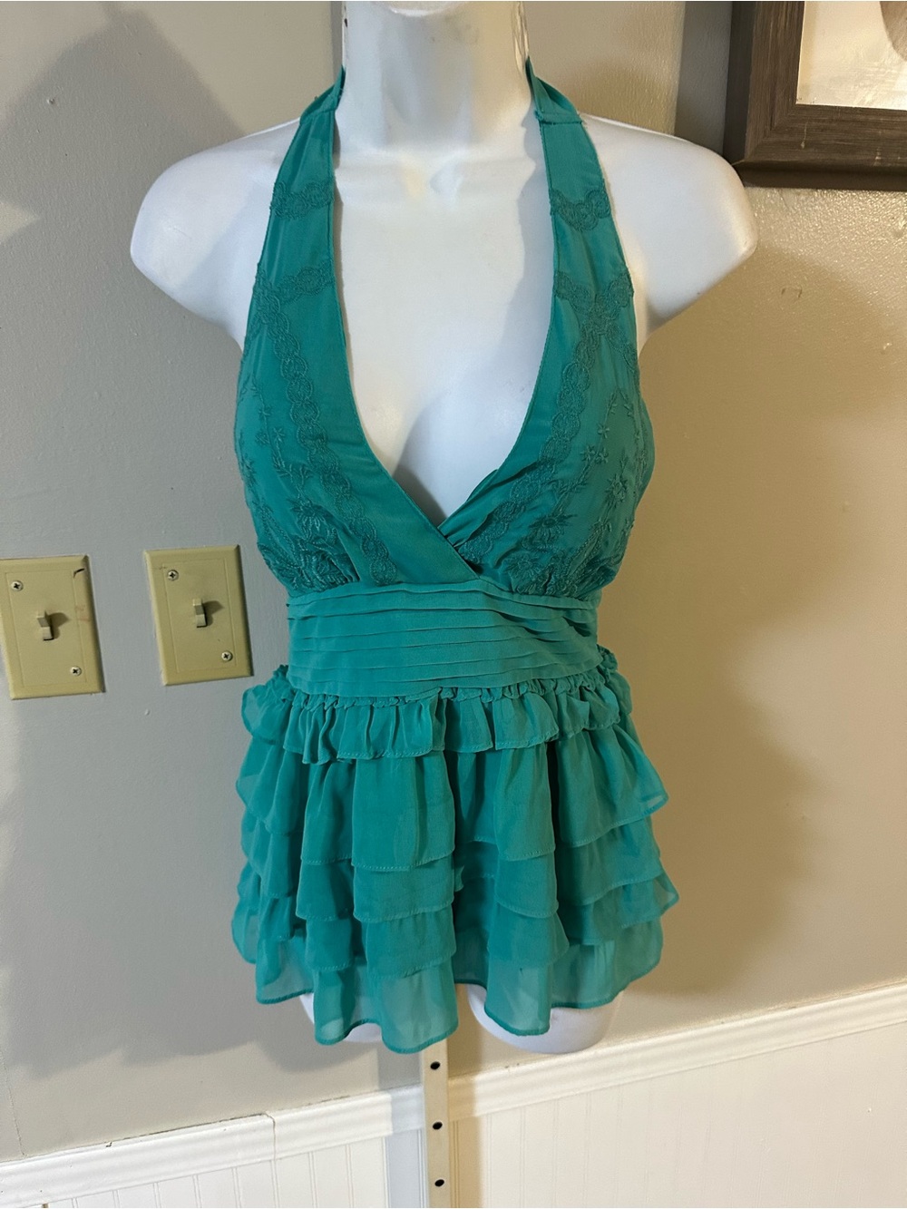 Marineblu Teal One-Shoulder Ruffle Halter Top